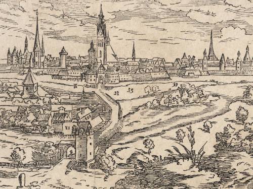 Gesamtansicht Hannovers 1636, Blick vom Lindener Berge auf Hannover, Holzschnitt (Ausschnitt) des Elias Holwein, 1636
